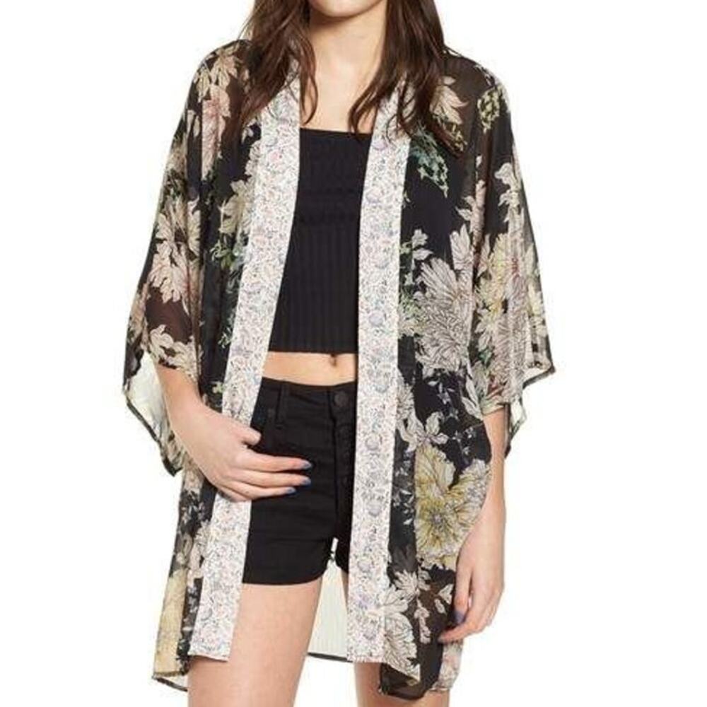Band of Gypsies Kimono Women OS Black Pink Floral‎ Sheer Cover Up Boho Festival